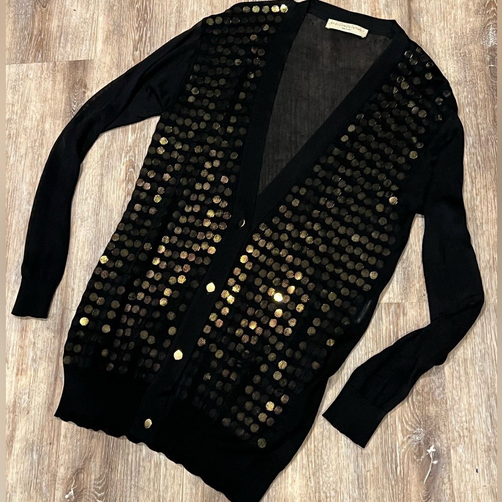 Elegant Stella McCartney black/gold long lightweight cardigan with sheer back 🎩